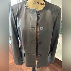 Talbots Women's Dark Brown Collarless Leather Jacket size 12 Perfect